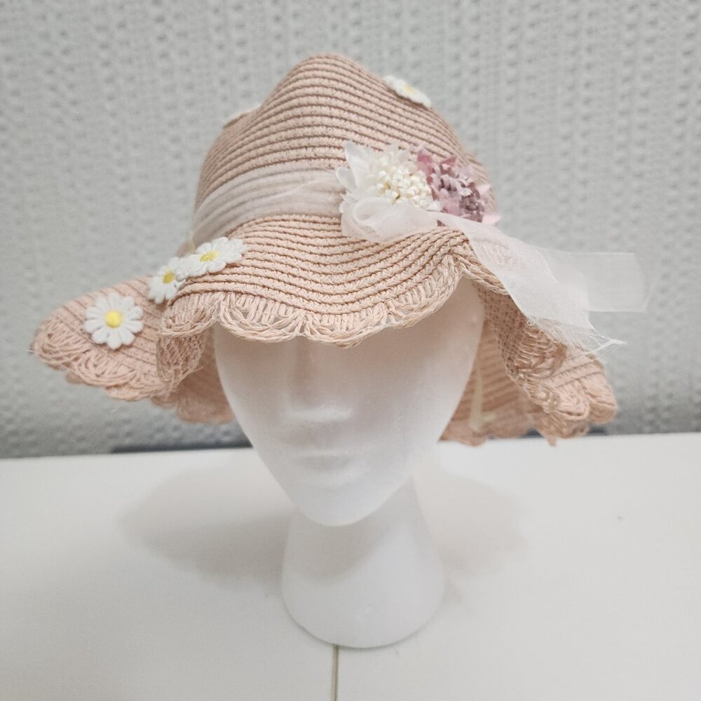 Vintage Blush Straw Sun Hat Floral Appliqué Ribbon Cottagecore Light Pink - Picture 3 of 9